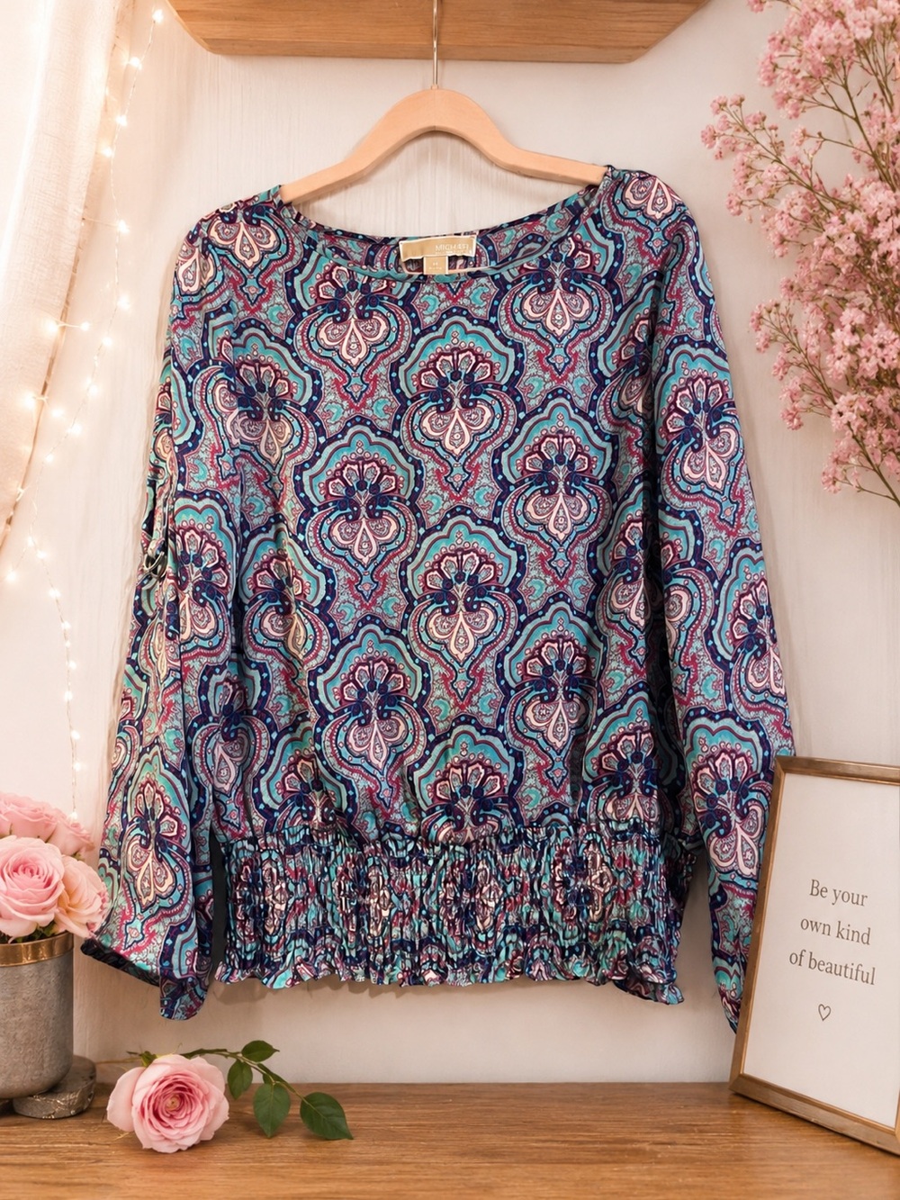 Michael Kors Women's Teal and Purple Printed Long-Sleeve Blouse
